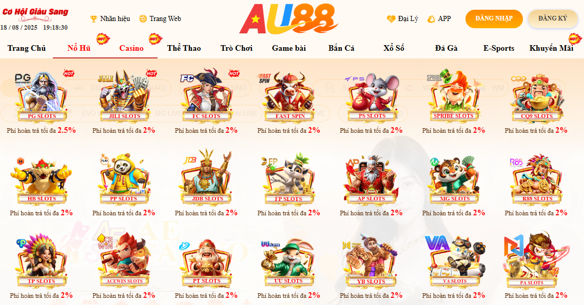 AU88 – TRANG CHỦ 24 Sảnh nổ hũ Au88 với phí hoàn trả cực cao và khả năng trúng Jackpot X100 tài khoản